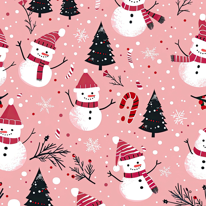 Christmas Digital Paper with Snowmen and Holiday Trees seamless PBR texture preview