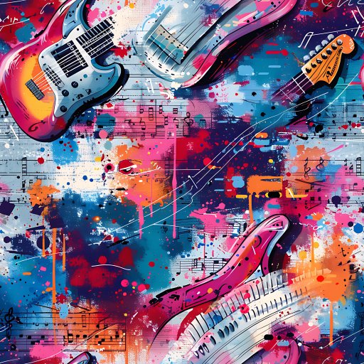 Seamless 3D PBR Graffiti Texture Featuring Electric Guitars, Music Notes & Paint Splashes texture preview