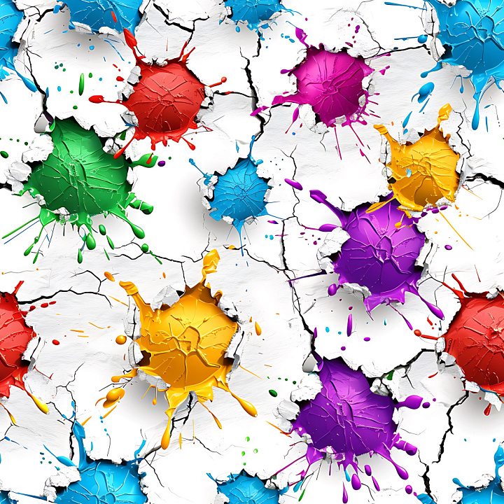 Cracked White Paint with Multicolor Splattered Holes seamless PBR texture preview
