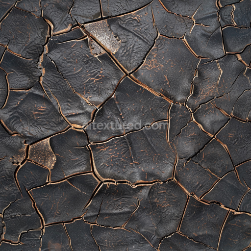 Seamless 3D cracked distressed black leather PBR texture with deep fissures and weathered surface