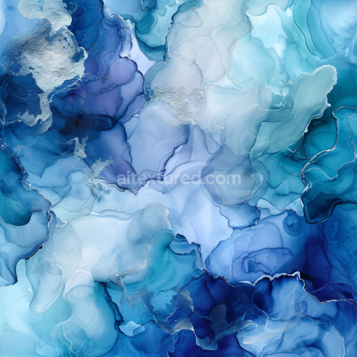 Seamless 3D Alcohol Ink PBR Texture Featuring Blue and Silver Fluid Swirls and Delicate Veins