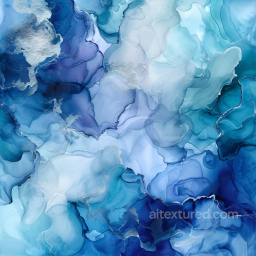 Alcohol Ink PBR Texture Featuring Blue and Silver Fluid Swirls and Delicate Veins seamless Alcohol ink PBR texture