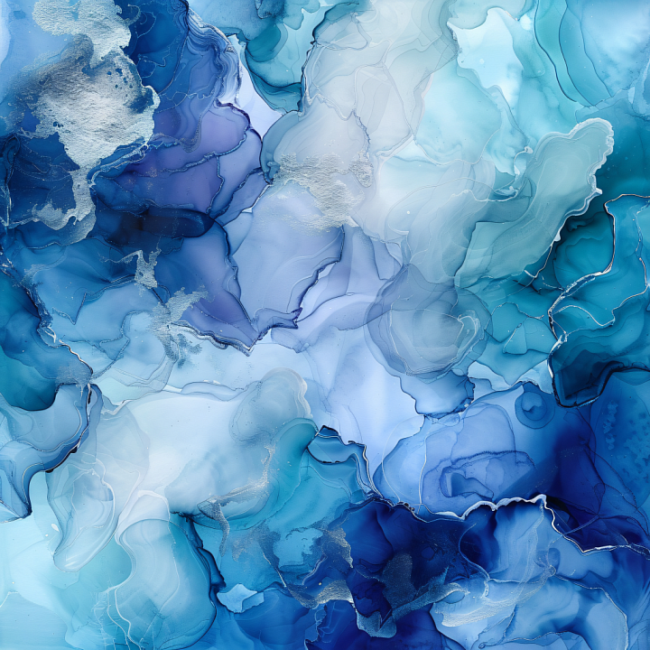 Alcohol Ink Featuring Blue and Silver Fluid Swirls and Delicate Veins seamless PBR texture preview