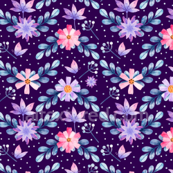 seamless Seamless 3D PBR Purple Flower Watercolor Pattern Texture with Butterflies texture 8k free download PBR