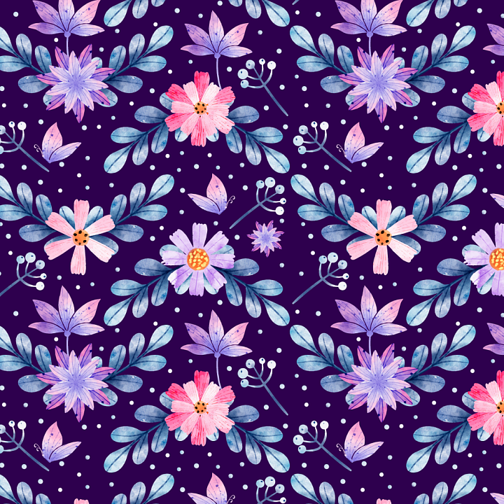 Purple Flower Watercolor Pattern with Butterflies seamless PBR texture preview
