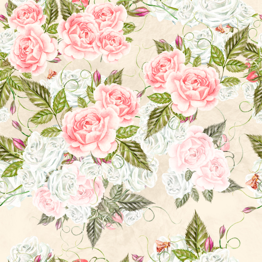 Seamless 3D PBR Floral Fabric Texture Featuring Pink and White Roses with Green Leaves