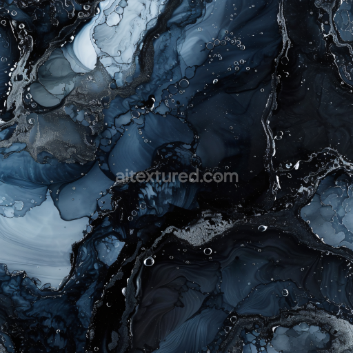 Seamless 3D Alcohol Ink PBR Texture Featuring Dark Blue and Black Fluid Swirls