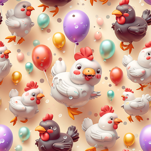 Preview — Seamless 3D Inflated PBR Texture Featuring Cartoon Chickens and Colorful Balloons