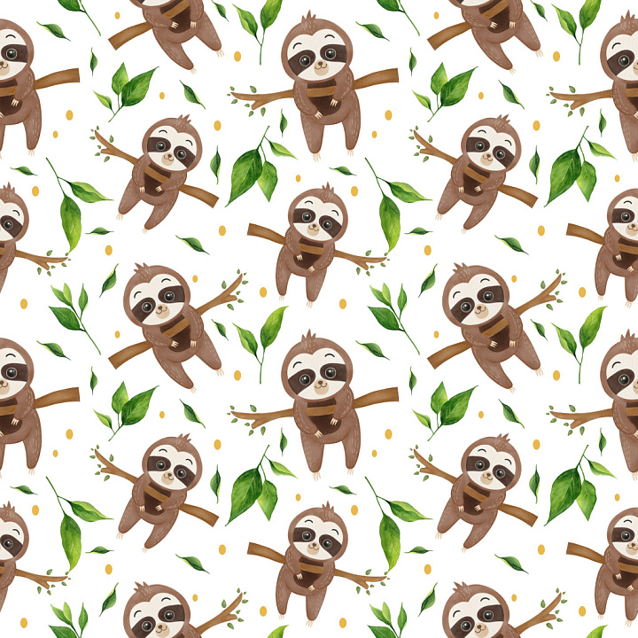 Pattern with Playful Sloth Illustrations and Leafy Accents seamless PBR texture preview