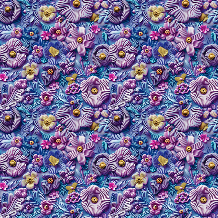 Embroidered Floral Pattern in Purple and Blue seamless PBR texture preview
