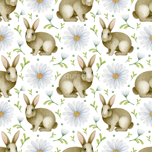 Seamless 3D PBR Texture with Watercolor Bunny and Daisy Floral Pattern