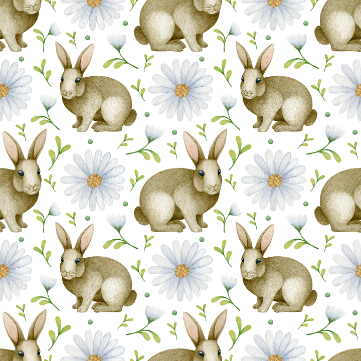All Easter Digital paper of Hand-Drawn Rabbits and Daisies on White seamless PBR texture preview