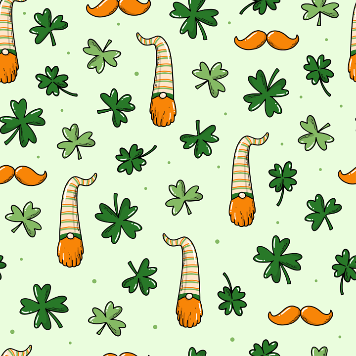 St Patrick Gnome Hat, Mustache & Clover Pattern seamless PBR texture preview