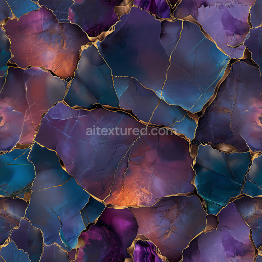 Seamless 3D PBR cracked stone texture with iridescent purple-blue and gold metallic fractures