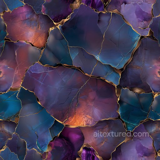 Cracked Stone Texture With Iridescent Purple-Blue And Gold Metallic Fractures seamless Cracked & Holes PBR texture
