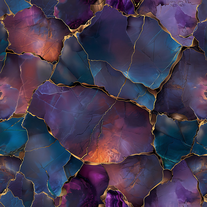 Cracked Stone With Iridescent Purple-Blue And Gold Metallic Fractures seamless PBR texture preview