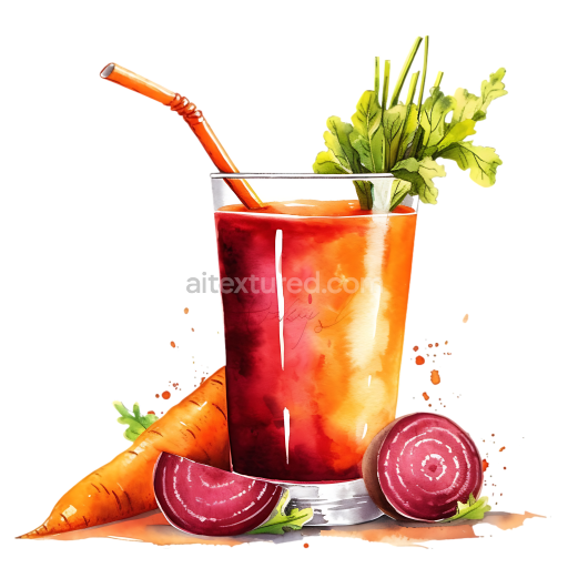Breakfast Beet and Carrot Juice Graphic with Fresh Greens and Straw