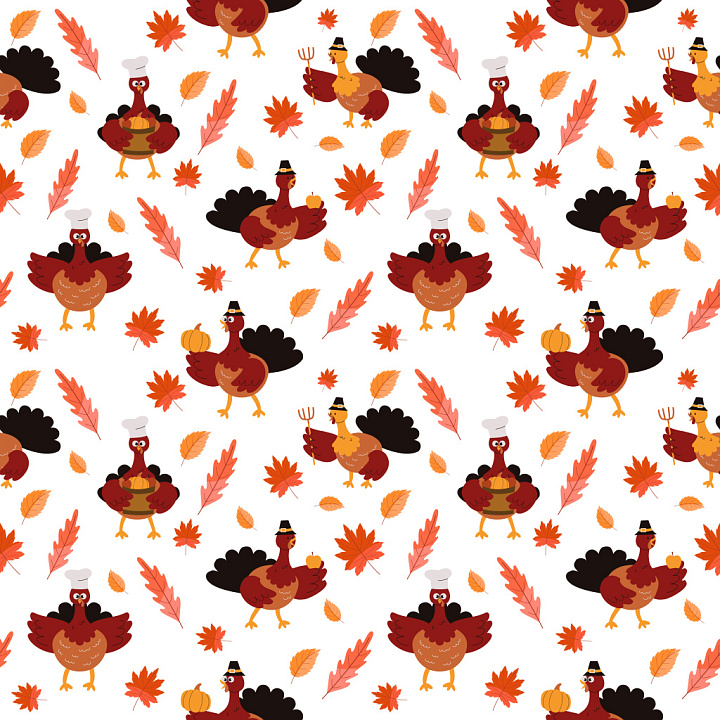 Pattern Featuring Playful Turkeys And Warm Autumn Leaves seamless PBR texture preview