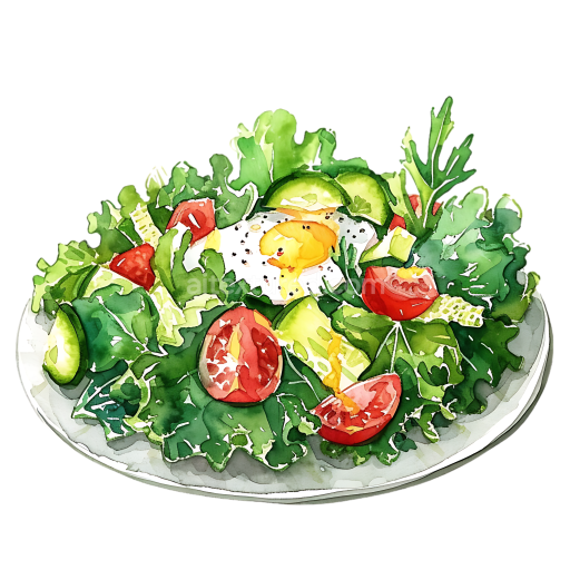 Watercolor Kale Salad with Egg and Fresh Vegetables Breakfast Graphic
