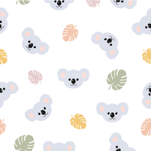 Seamless 3D PBR Texture with Adorable Koala Faces and Tropical Leaves