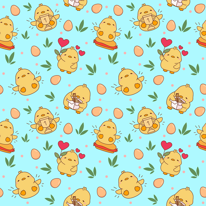Pattern Featuring Cute Cartoon Chickens with Eggs and Hearts seamless PBR texture preview