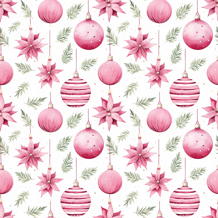 All Christmas Digital paper of Pink Christmas Ornaments with Pine Leave… seamless PBR texture preview