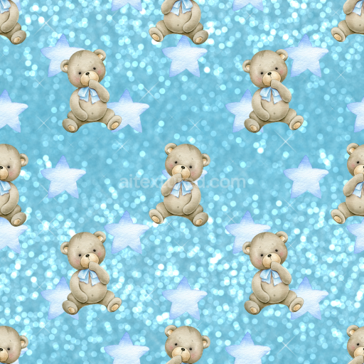 Seamless 3D PBR Texture Featuring Soft Baby Boy Teddy Bears on Blue Star Pattern
