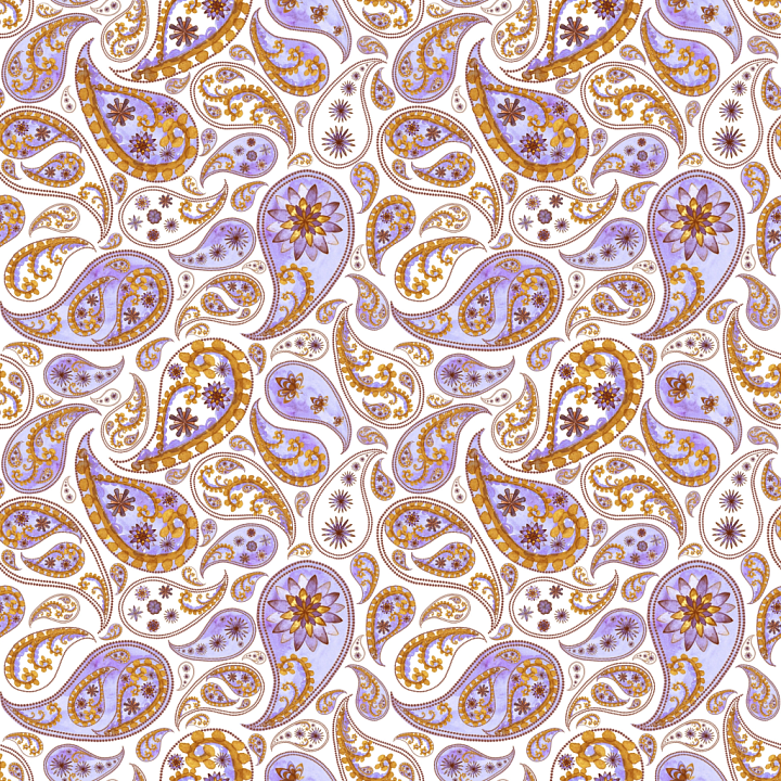 Fabric Featuring Retro Purple and Gold Paisley Design seamless PBR texture preview