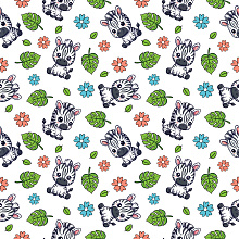 Seamless 3D Pattern PBR Texture with Cute Cartoon Zebra and Colorful Floral Motifs texture preview