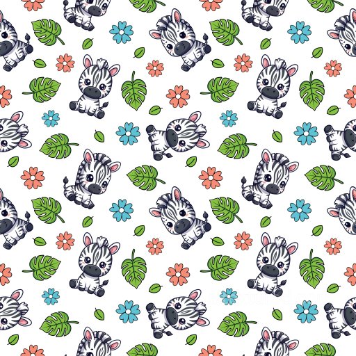 Seamless 3D Pattern PBR Texture with Cute Cartoon Zebra and Colorful Floral Motifs texture preview