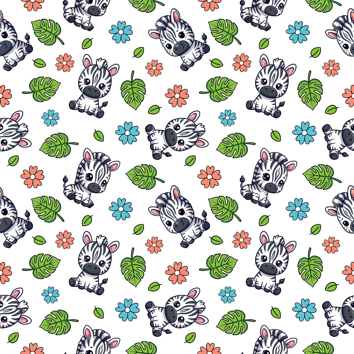 Pattern with Cute Cartoon Zebra and Colorful Floral Motifs seamless PBR texture preview