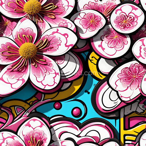 Seamless 3D PBR Texture featuring bold pink and yellow floral graffiti on urban layers