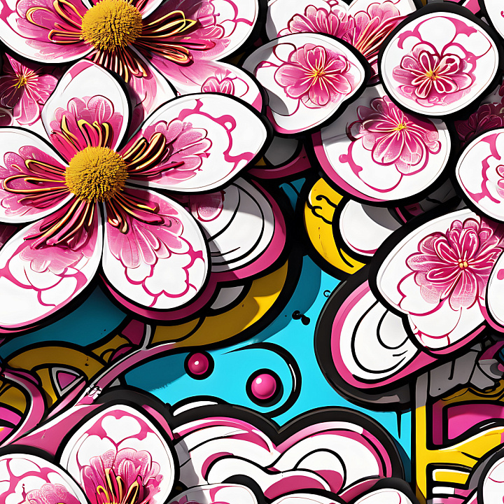 Featuring Bold Pink And Yellow Floral Graffiti On Urban Layers seamless PBR texture preview