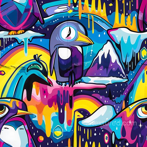 Seamless 3D PBR texture featuring vibrant cartoon penguin graffiti art texture preview
