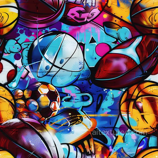Seamless 3D PBR Graffiti Texture Featuring Colorful Sports Balls and Urban Spray Art texture preview