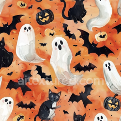 seamless Seamless 3D PBR Watercolor Halloween Texture with Ghosts, Bats & Cats texture 8k free download PBR