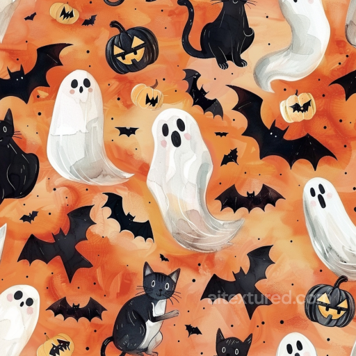 Watercolor Halloween Texture with Ghosts, Bats & Cats seamless Watercolor Halloween PBR texture