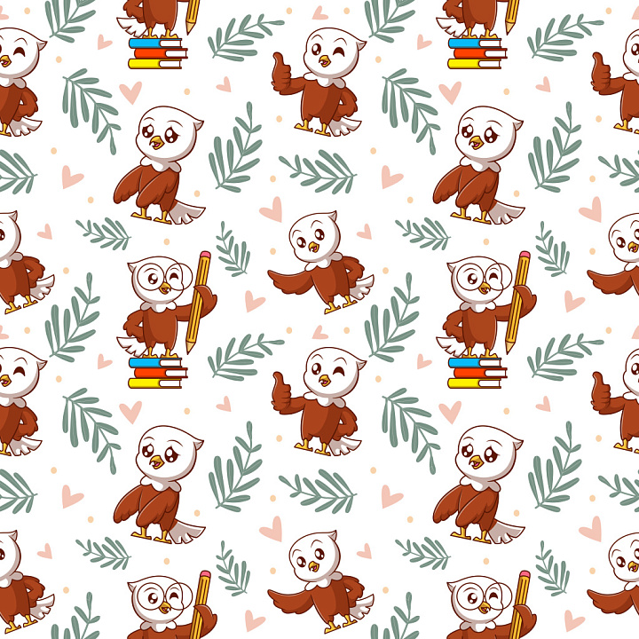 Pattern with Playful Cartoon Eagle Motifs and Pastel Accents seamless PBR texture preview