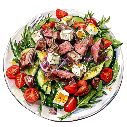 Greek Lamb Salad Breakfast Plate Illustration with Fresh Vegetables and Feta