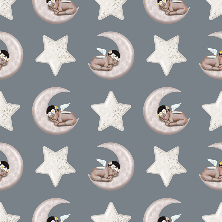 Fabric with Baby Moon and Star Pattern seamless PBR texture preview