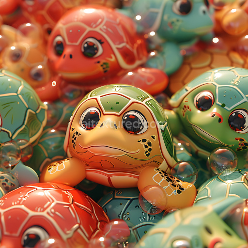 Seamless 3D Inflated Vinyl PBR Texture Featuring Colorful Cartoon Turtle Toys