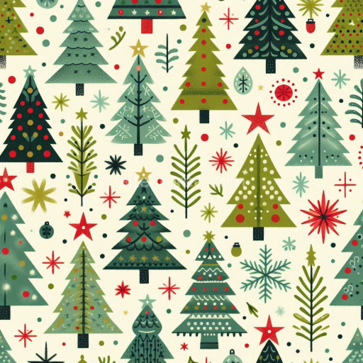 Seamless 3D PBR Christmas digital paper texture with stylized trees & festive motifs