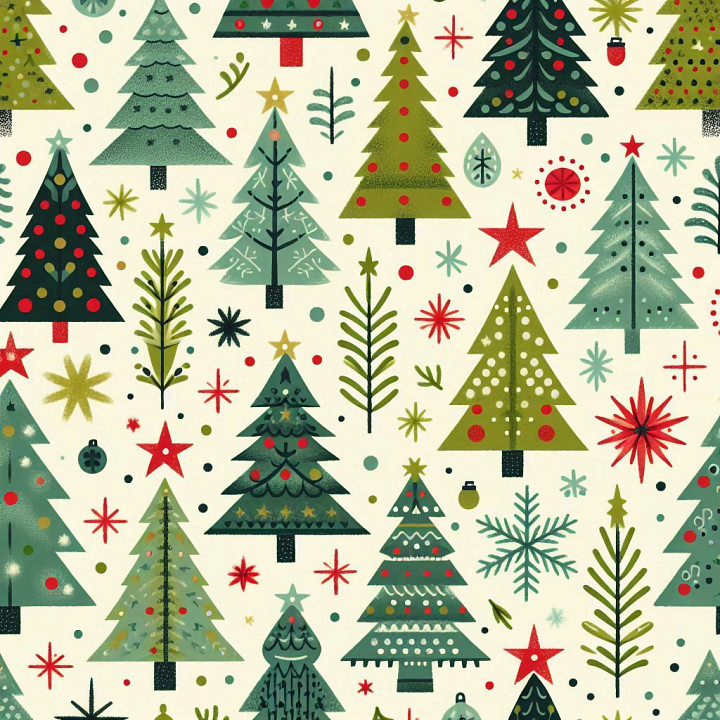 Christmas Digital Paper With Stylized Trees & Festive Motifs seamless PBR texture preview