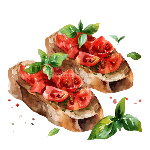 Watercolor Bruschetta with Fresh Tomato and Basil Breakfast Graphic