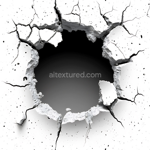 Seamless 3D Cracked White Plaster PBR Texture with Jagged Hole and Fractures