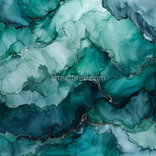 Seamless 3D Alcohol Ink PBR Texture Featuring Teal Emerald Fluid Waves and Subtle Veins
