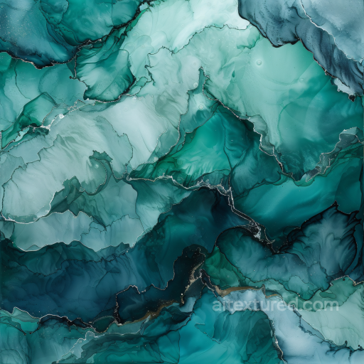 Alcohol Ink PBR Texture Featuring Teal Emerald Fluid Waves and Subtle Veins seamless Alcohol ink PBR texture