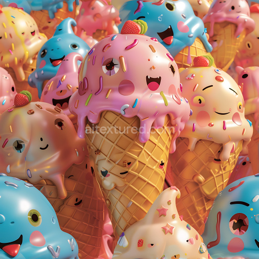 Seamless 3D Inflated PBR Texture of Colorful Cartoon Ice Cream Cones with Sprinkles