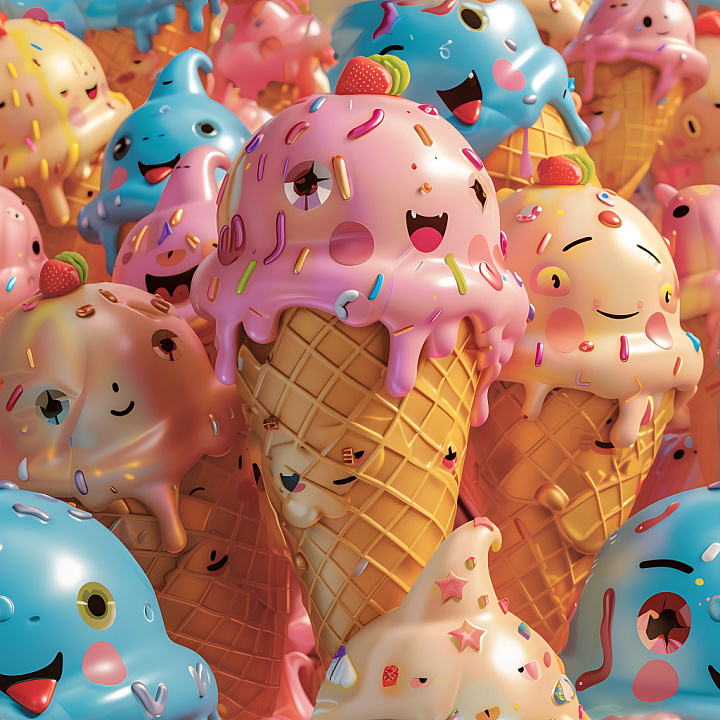 Inflated of Cartoon Ice Cream Cones with Sprinkles seamless PBR texture preview