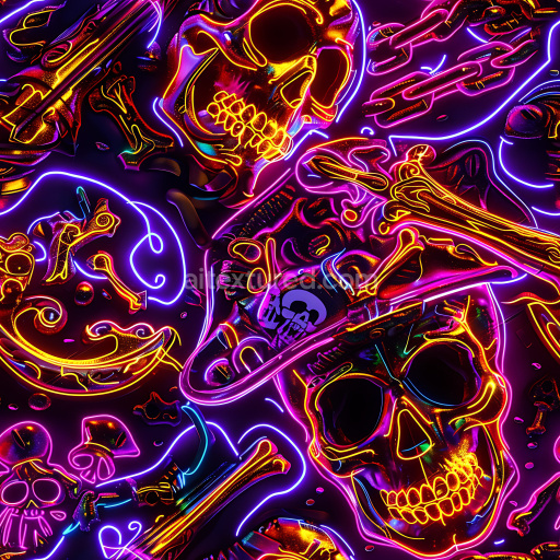 Seamless 3D PBR Texture of Neon Glow Graffiti Skulls with Vibrant Color Strokes